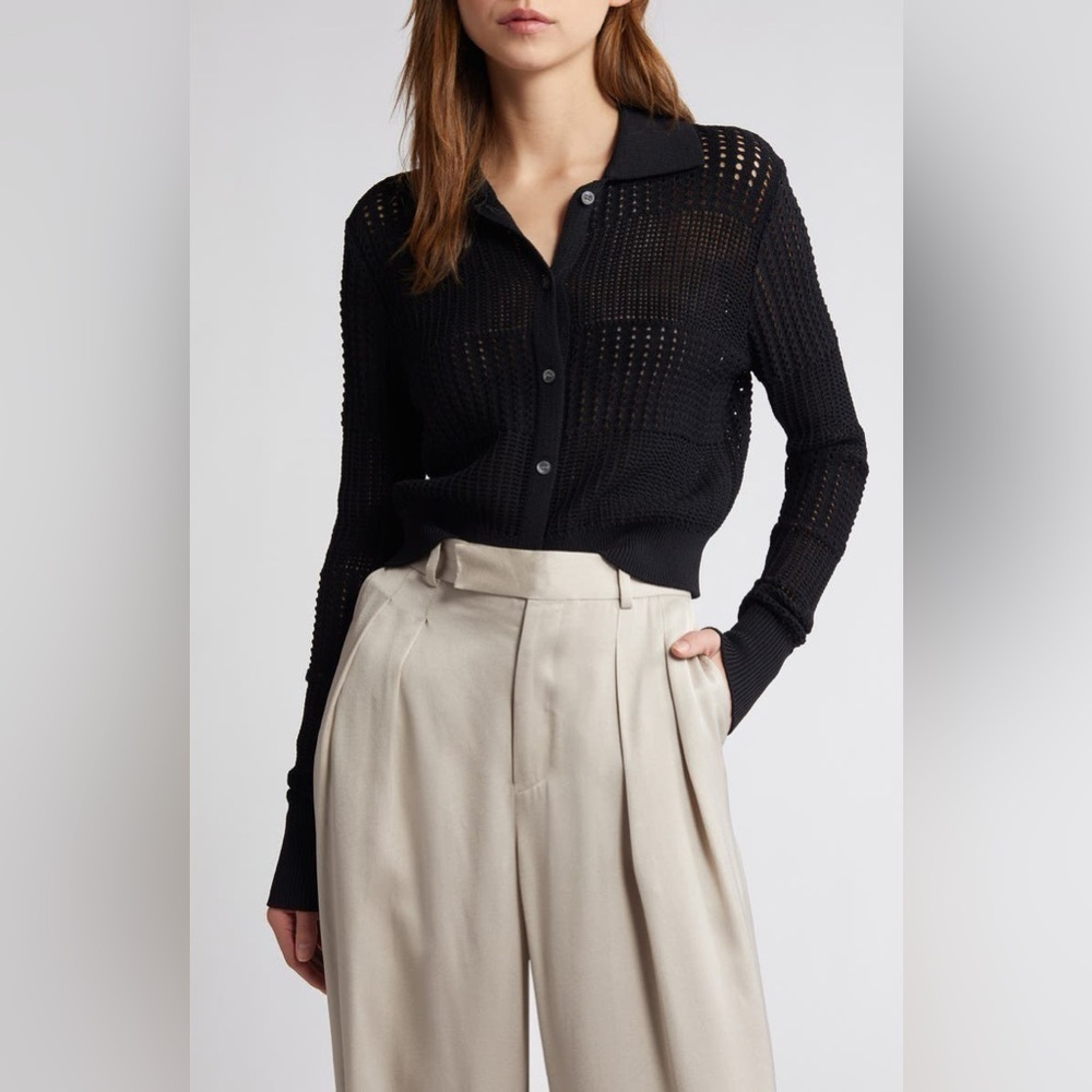 Frame Shrunken Crochet Polo Cardigan Large